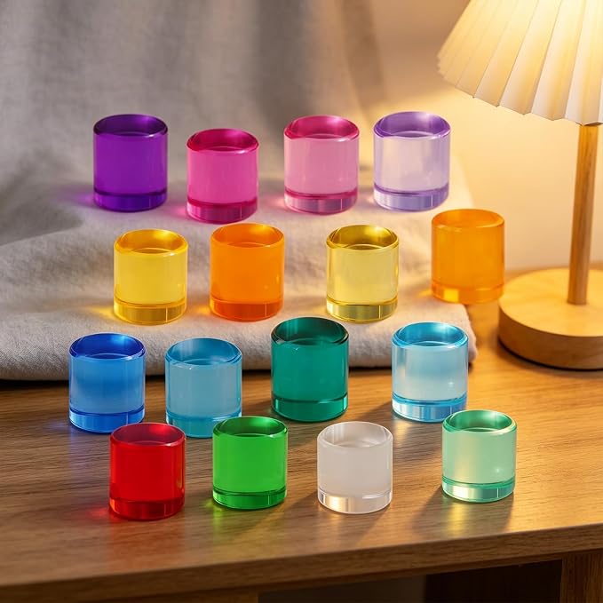 Rainbow Acrylic Blocks, 16 Stackable Cylinders for Kids Ages 3+ | 16 acrylic color blocks, 2 x 1 in, stackable, ages 3+, white paper box for gift wrap, preschool and light table use