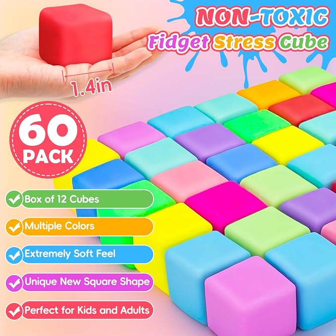 VISCOO 60 Pack Slow Rising Stress Cube, Stress Balls Fidget Squishy Toys | Squeeze Toy for Anxiety Relief, Pull Stretch Squishy Ball for Classroom Prize, Party Favors for Kids Adults