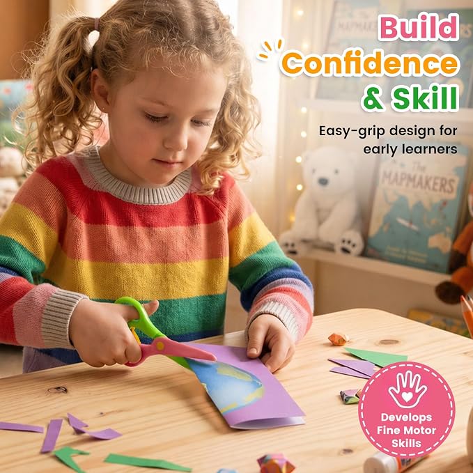 Koogel Toddler Scissors Practice Kit, 2 Safety Scissors & 120 Craft Papers | Ages 3+, Blunt Tip, Cutting for Early Preschool Development Tools, Hand-Eye Coordination, Learn to Cut Line Skill