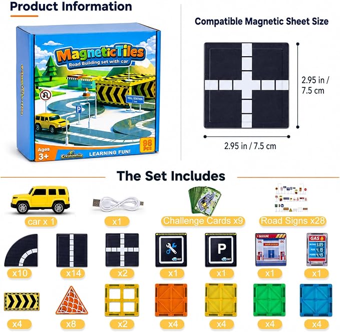 98-Piece Magnetic Tiles Building & Road Set for Kids, Includes Sensor-Guided Car that Follows Road Lines + Traffic Signs,STEM Montessori Building Toy for Boys & Girls Ages 4–12