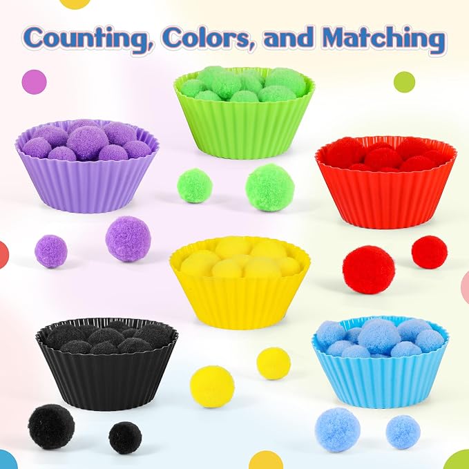 158 PCS Fine Motor Skills Set | 150 Pom Poms, 6 Sorting Bowls, Tweezers, Spoon, Sensory Bin Filler for Preschool Kids Counting, Sorting, Matching Training Ac
