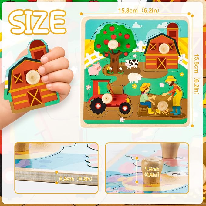 Wooden Toddler Puzzles - 4 Pcs Eco-Friendly Animal Patterns Jigsaw With Handles - Infant Kid Fine Motor Skill Learning Educational Montessori Toys for 1-3 Years Old