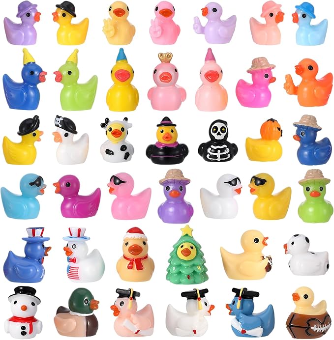 40 Pack Multicolor Mini Resin Ducks, Novelty Holiday Ducks | Tiny Ducks to Hide, Little Ducks Party Favor for Birthday, Graduation, Independence Day, Halloween, Christmas (40 Styles)