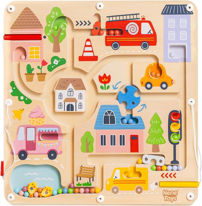 Nene Toys Magnetic Maze Board – Toddler Travel Toy 2+ – Montessori Busy Board Alternative – Bead Maze Puzzle with Tethered Stylus – Quiet Car/Plane Activity – Fine Motor Skills, Hand-Eye Coordination