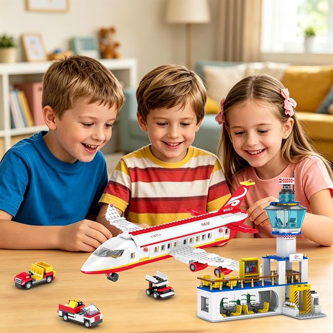 886 Pcs City Passenger Airplane Building Set | STEM 6 in 1 Airport Passenger Plane Building Block Toy with Terminal, Shuttle Bus,Luggage Cart, for Boys Girls Ages 6-12+
