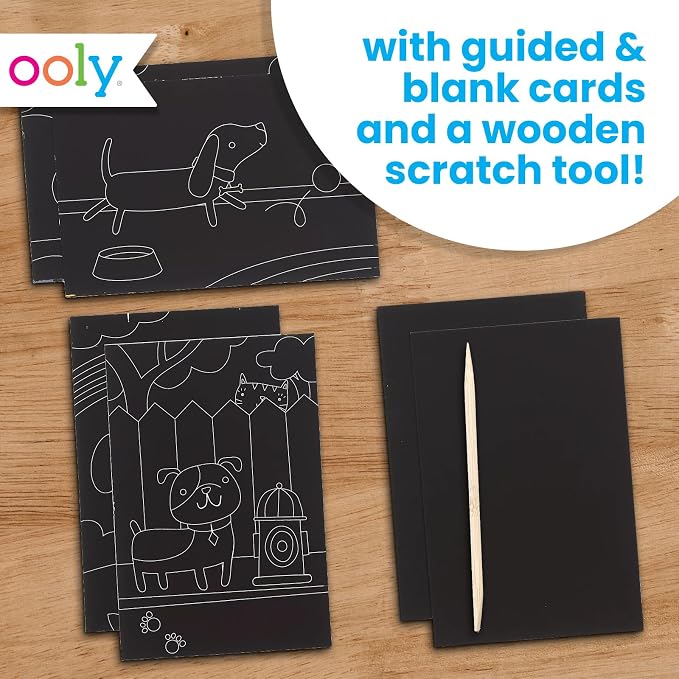 Ooly Mini Scratch & Scribble Art Kit, 6 Cards – Playful Pups | Ages 6+, Wooden Stylus Included, Compact Car and Airplane Travel Activity, Screen-Free Craft, Fun Gift for Kids