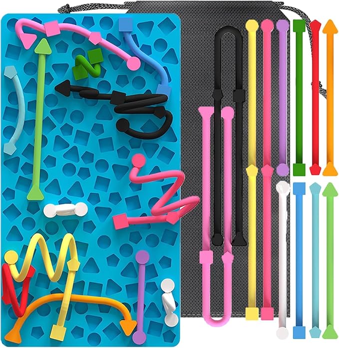 Silicone Sensory Board Fidget Toy Kids ADHD Anxiety 12 Strings Travel Bag | Food grade odorless silicone quiet compact handheld helps train kids fine motor skills for classroom car travel calming