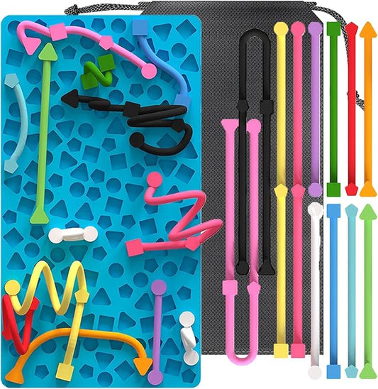 Silicone Sensory Board Fidget Toy Kids ADHD Anxiety 12 Strings Travel Bag | Food grade odorless silicone quiet compact handheld helps train kids fine motor skills for classroom car travel calming
