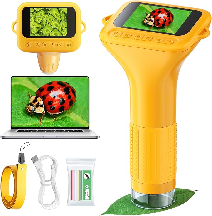 Odatay 1000X Digital Kids Microscope Kit with 12 Slides & 2" Screen, Orange | 1080P Imaging, Fit Ages 3-12, Standalone Pocket Science Edu Toys Gifts, Outdoor Backyard Bugs Exploring, Anti-drop Lanyard