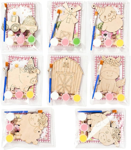 Saypacck 24 Pcs Party Favors Wooden Painting Craft Kits Birthday Party Supplies with Organza Bag for Goodie Bags Fillers Adult Thank You Gifts(Pink Farm)