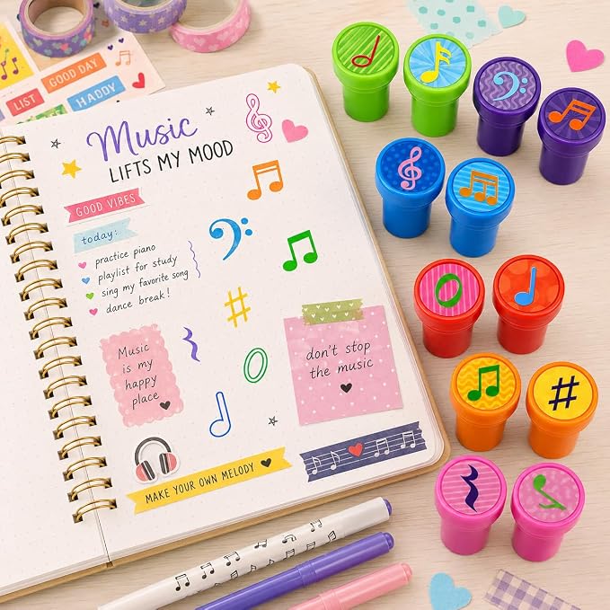 Cinrobiye 24 Pcs Music Note Stampers Party Favor Set, Pre-Inked Musical Note Stamps for Kids, Music Theme Birthday Party Supplies, Classroom Rewards, Goody Bag Fillers, Piñata Fillers