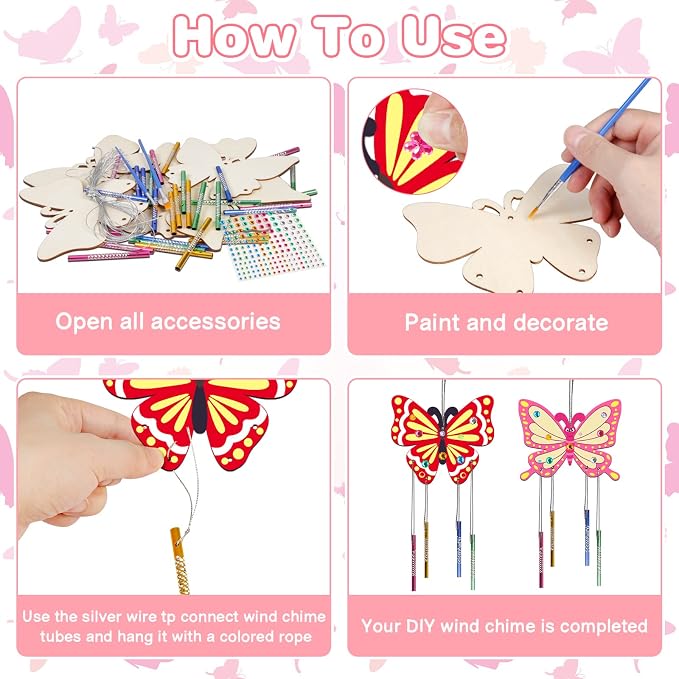 Fennoral 8 Pack Butterfly Wind Chime Kits for Kids | Make Your Own Butterfly Wooden Arts and Crafts DIY to Paint Butterfly Craft for Summer Art Activity Birthday Gift Decoration