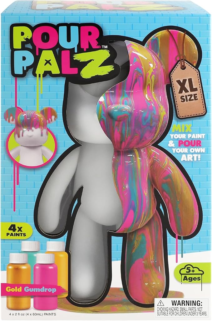Pour Palz DIY Paint Pouring Kit – 1 XL Bear Figurine, 4 Acrylic Pour Paints, Mixing Cups & Tools, Create Unique Marbled Art, Fun Hands-On Craft Kit for Kids & Adults, Gold Gumdrop, Ages 5+