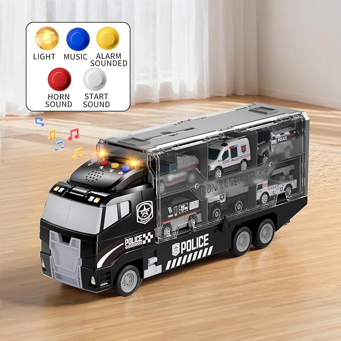 NIPLOOOW Toddler Boys Toys for 3 4 5 6 Years Old, Police Truck Vehicle Toy Set with Play Mat and Die-Cast Toy Car, Transport Carrier Truck for Kids, Birthday Gifts Toys for 3 4 5 6 7 8+ Year Old Boys
