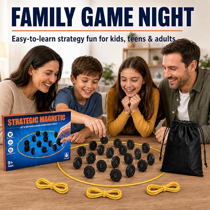 Magnetic Chess Game with 20 Full-Size Stones, Magnet Game with 3 String | Portable family game for kids, teens and adults, perfect for game nights, parties, travel, camping and indoor or outdoor play