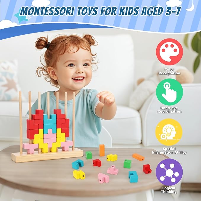 Wooden Stacking Puzzle Toy, 3D Colorful Wood Russian Blocks Puzzle Games Brain Teasers Montessori Toys for Toddler Kids 3 4 5 6 7 Years Old Boys Girls (Colorful B)
