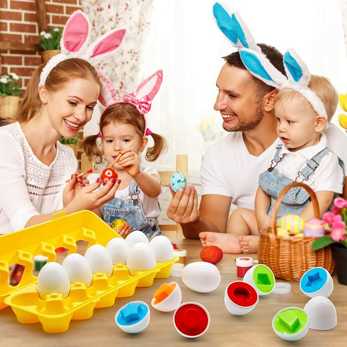 MOONTOY Matching Eggs for Toddlers 2-4, 12PCS Preschool Educational Learning Color & Shape Sorter Sensory Montessori Toy Toddler Easter Eggs Basket Stuffers Gift for 18M+ Year Old Kid Baby Boy Girl