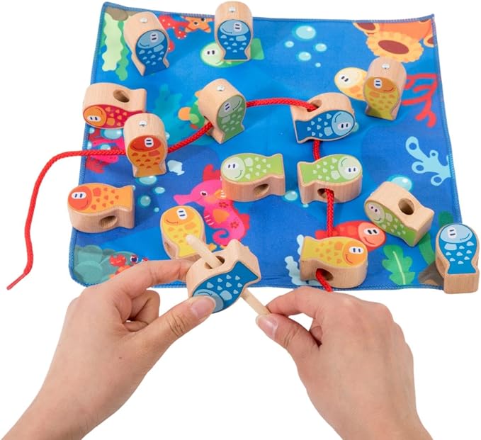 Montessori 4-in-1 Wooden Fish Stacking Toy for Toddlers 3-5, Magnetic Fishing Game—Lacing Beads, Fish Counting, Color Sorting, Balance Toys, Preschool Learning Set for Kids Boys & Girls