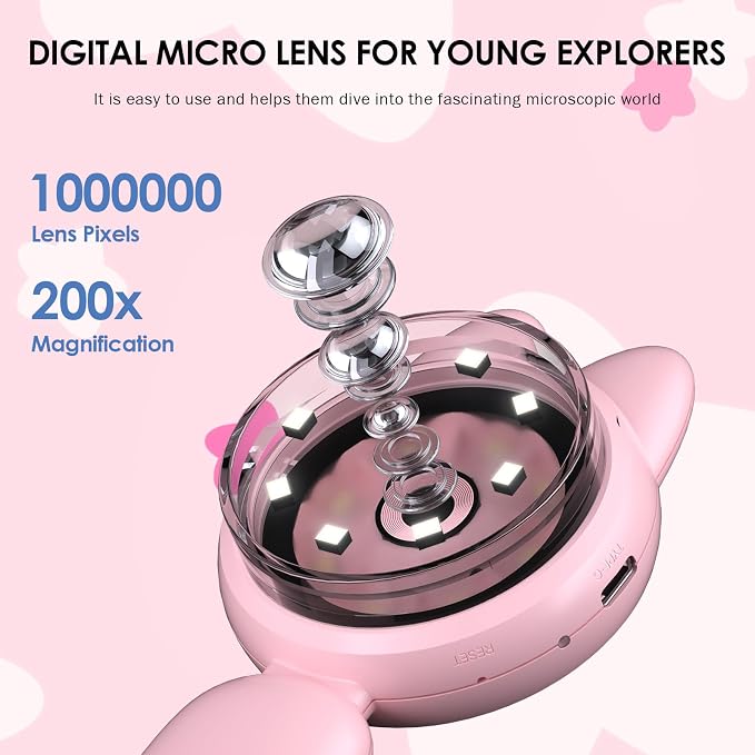 Kids Microscope 100X Magnification, STEM Handheld Digital Science Kit, Portable Educational Toy for Ages 3-16, Birthday for Boys & Girls Pink