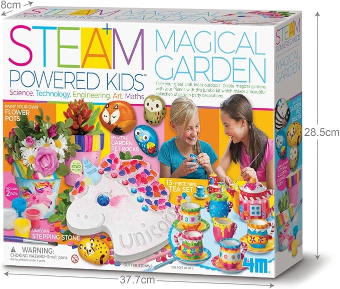 4M Magical Garden Kit for Kids Ages 8-12 – 4-in-1 Craft Set: Paint Flower Pots, Unicorn Stepping Stone with Glow Star, Mosaics & Gemstones, Mini Porcelain Tea Set, Garden Stones, Creative Art Gift