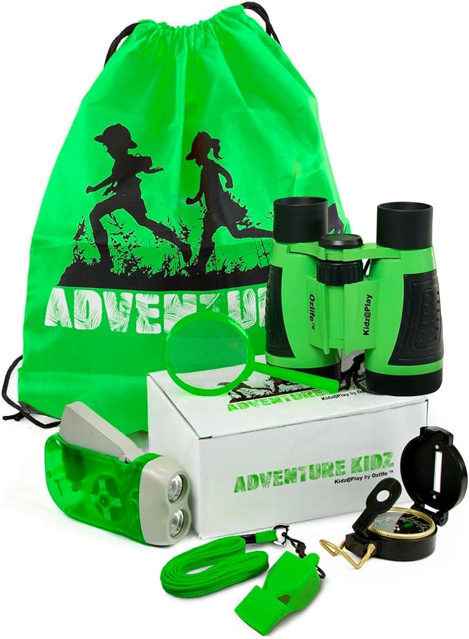 Adventure Kidz Outdoor Exploration Kit, Children’s Binoculars with Case, Flashlight, Compass, Whistle, Magnifying Glass, Backpack. Great Kids Gift Set for Camping, Hiking, STEM and Pretend Play | Binoculars, Flashlight, Compass, Fox Whistle, Magnifying...
