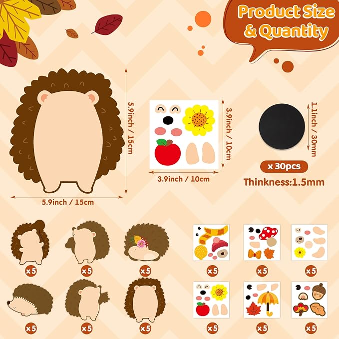 Haooryx DIY Fall Hedgehog Magnet Craft Kit - 30 Set Make Your Own Hedgehog Decoration Autumn Sticker Craft for School Activity Class Art Project Supply Home Refrigerator Class Bulletin Board Decor