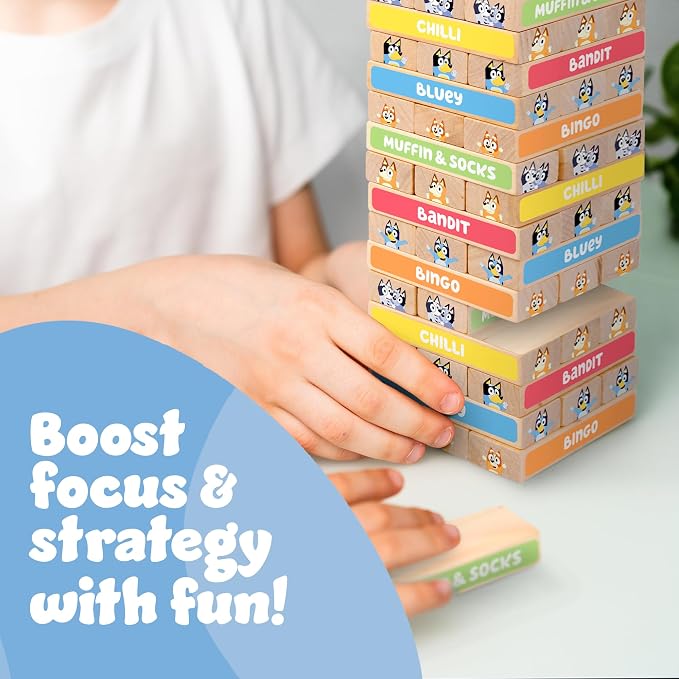 Bluey Tumbling Tower Game, 54 Illustrated Wooden Blocks, Ages 3+