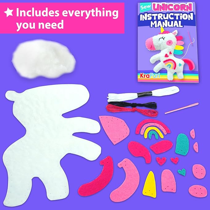 KRAFUN Unicorn Sewing Kit for Kids Ages 8-12 | No Scissors | Pre-cut & pre-punched felt, no glue needed. Child-safe needle. Sew your own unicorn plush. Beginner craft gift for girls