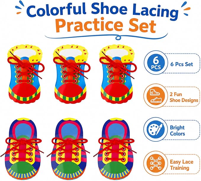 Quixorblex 6 Pcs Shoelace Threading Shoe Tying Practice for Kids Lacing Cards Toddlers Fine Motor Skills Toys Learning Activities Montessori Toys