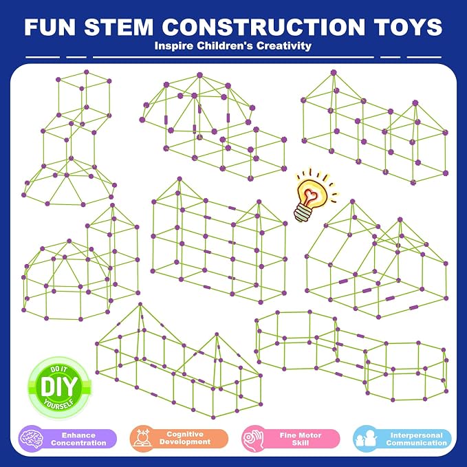 Glow In The Dark Fort Building Kit for Kids, STEM Building Toys, Kids Fort | DIY Castles Play Tent Tunnels, kids Creative Construction Toys Set, Christmas Birthday Gifts for Boys & Girls, 140 Pcs