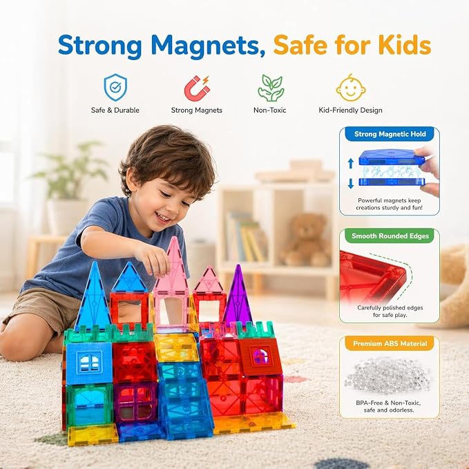 AFUNX 102PCS Magnetic Tiles for Kids,Strong Magnets,3D Clear STEM Toys | Endless Building Possibilities,Discover Magic of Magnets Through Play,Safe ABS and Smooth Edges,with Magical Light and Shadow