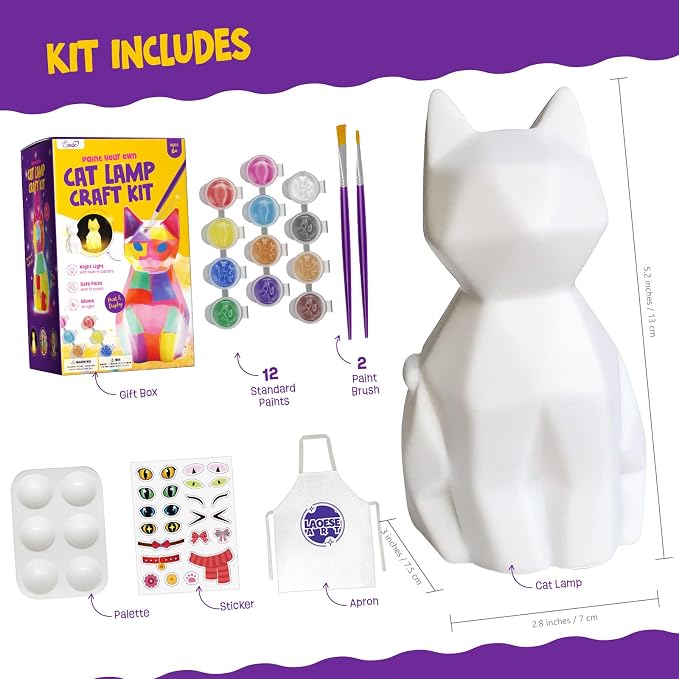 Paint Your Own Cat Lamp Kit, Crafts for Kids Ages 6-12, Gifts for Girls Boy | Cat painting kit with paints and 3D night light; arts and crafts activity, room decor and birthday gifts for kids ages 6-12