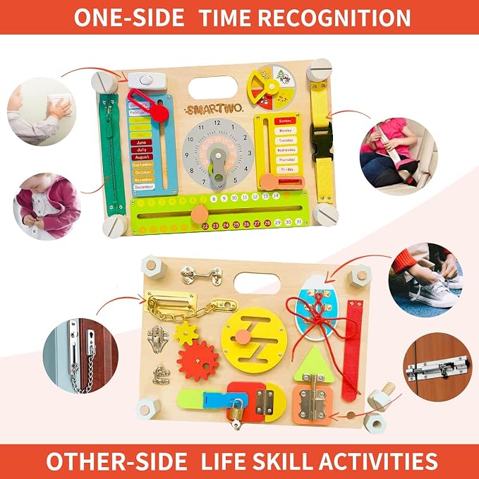 Montessori Busy Board for Toddlers 3+, Double Sided Sensory Board | 2-in-1, 20+Activities, Fine Motor Skills Toy, Calendar Learning Board, Life Skills Travel Toy
