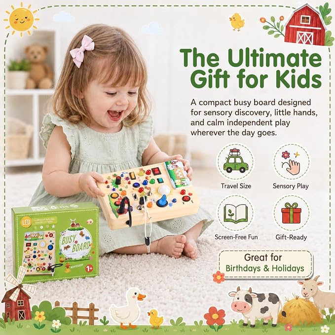 Busy Board with LED Light Switches, Montessori Toys for 1 2 3 Years Old, Toddlers Wooden Toy Sensory Activity Board, Travel Toys for 1+ Year Old Boy & Girl Birthday Gift (Farm)