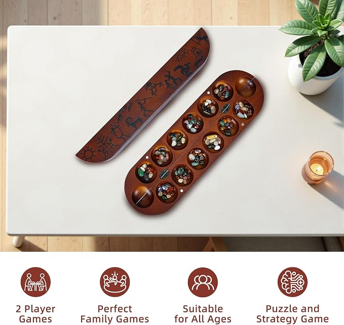 Offelec Wooden Mancala Board Game Set, Large 15.8 Inch Folding Board with 100 Multi Color Stones, 2-Player Classic Family Strategy Game for Kids & Adults, Portable Travel Mancala with Instructions