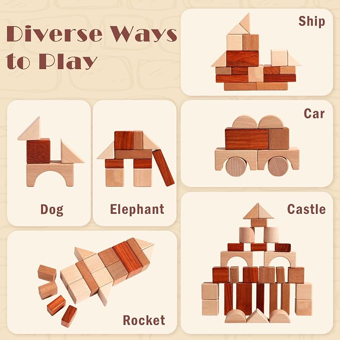 Adena Montessori 29-Piece Wooden Blocks Set, 3+ | Natural wood, 29 geometric solids for sorting, stacking & building. Boosts spatial reasoning & motor skills.
