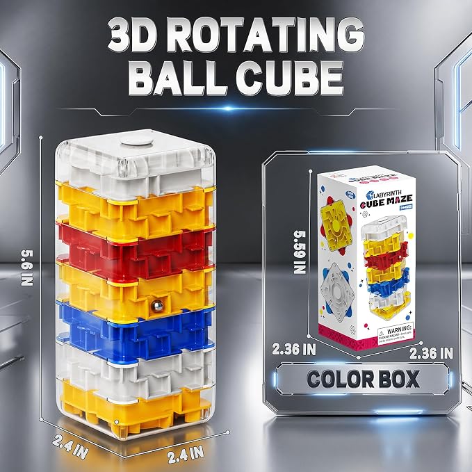 3D Maze Cube Ball Puzzle Brain Teaser for Adults & Kids, Educational Learning Toys Logical Thinking, Family Board Games Tabletop, Durable Puzzle Cube (White&Blue&Red&Yelllow, 2.4x2.4x5.6)
