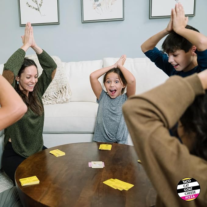 Taco Cat Goat Cheese Pizza Card Game by Taco Cat Games, Age 7+, 2-8 Players | 10 min rounds, Slap pile when word matches card, Action cards add twists, Builds reflexes, Fun for all ages