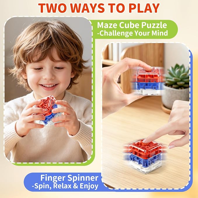 Infowush 2-in-1 Fidget Spinners Maze Cube - Fidget Toys for Kids & Adults | 3x3 Cube, Stress Relief Sensory 3D Brain Teaser Puzzle Cube, Board Game, Travel Toy, Birthday Gift for Boys Girls Ages 3 & Up