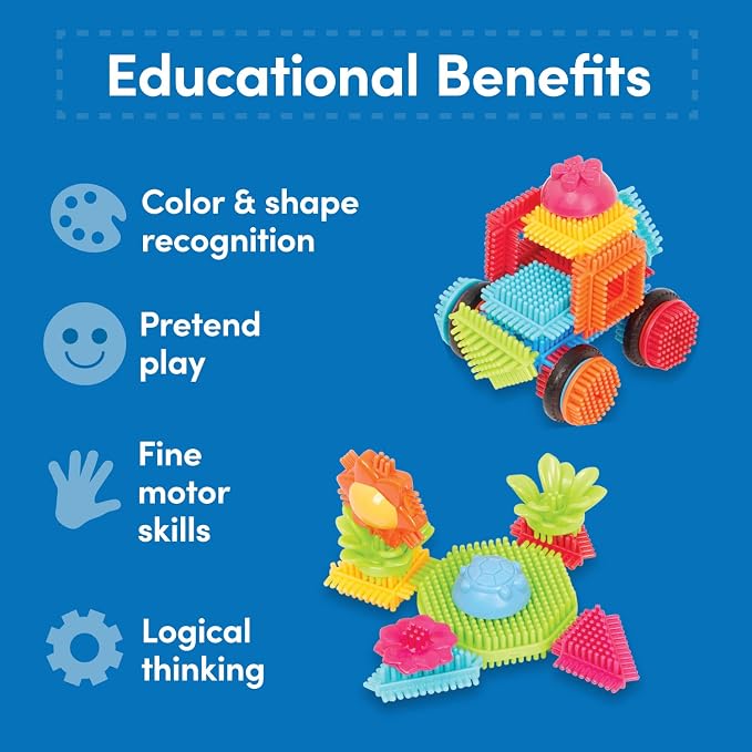 Battat Bristle Blocks Jungle Adventures, 54-Piece STEM Building Set | STEM interlocking stacking blocks with toy animals, flowers, wheels, and reusable storage bucket for pretend play, 2+ Years