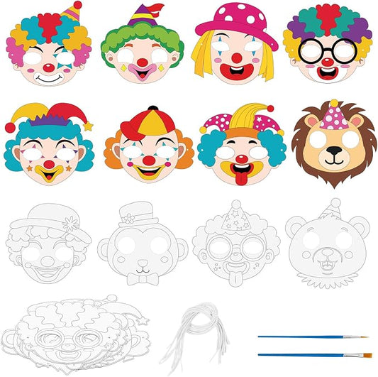 24 Pcs Circus Craft for Kids Summer Class Color Your Own Clown Mask | DIY Coloring Arts and Crafts for Circus Party Supply Birthday Carnival Summer School Craft Costume Cosplay Dress Up Activity
