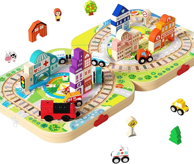 Wooden Train Set for Toddlers, 58 PCS City Building Blocks Toy with Portable Storage Folding Case & Playboard, Montessori STEM Educational Gift for Boys Girls Ages 3-5 4-8