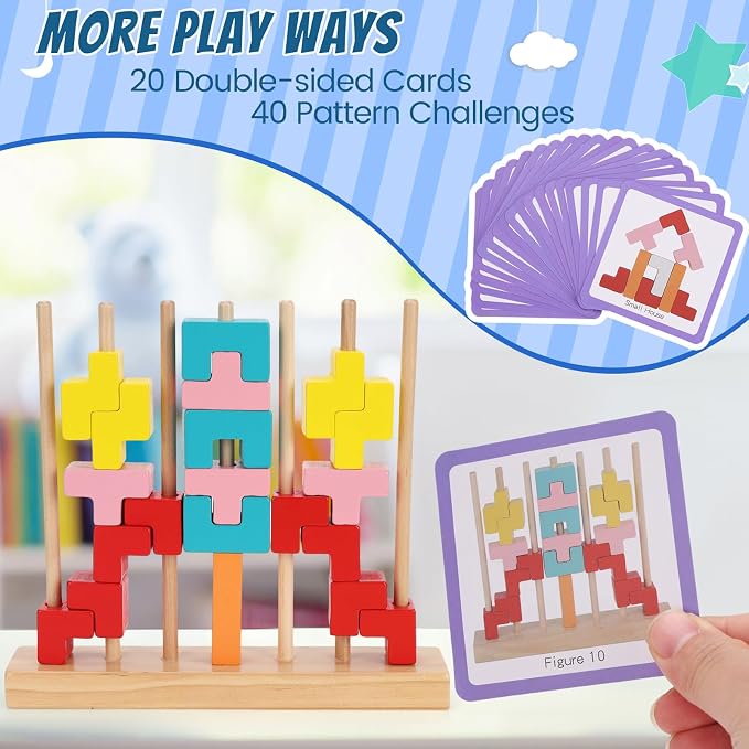 Wooden Stacking Puzzle Toy, 3D Colorful Wood Russian Blocks Puzzle Games Brain Teasers Montessori Toys for Toddler Kids 3 4 5 6 7 Years Old Boys Girls (Colorful B)