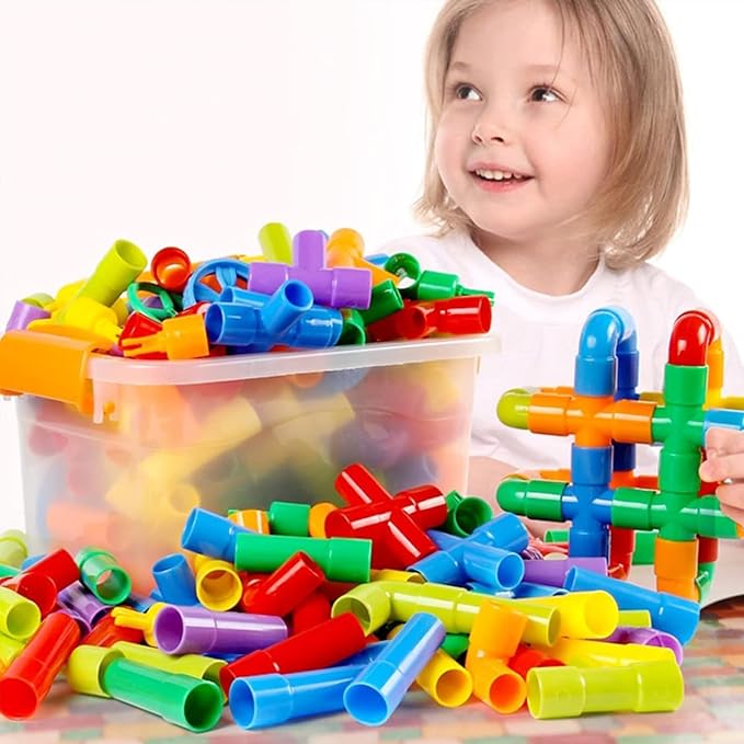ZOZOPLAY STEM Learning Toy Tubular Pipes & Spouts & Joints 64 Piece Build Bicycle, Tank, Scootie, Moter Skills Endless Designs Educational Building Blocks Set for Kid Ages 3+ Multicolor | 64 pipes, spouts, and joints for kids 3+ to build vehicles while...
