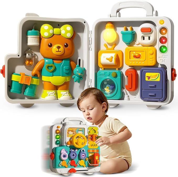 Busy Board for Babies 6-12 Months, 54-in-1 Musical Travel Board | Portable Activity Board with Lights & Music, Fine Motor Skills, Sensory Travel Toys for Airplane Cars, Gift for Boys Girls