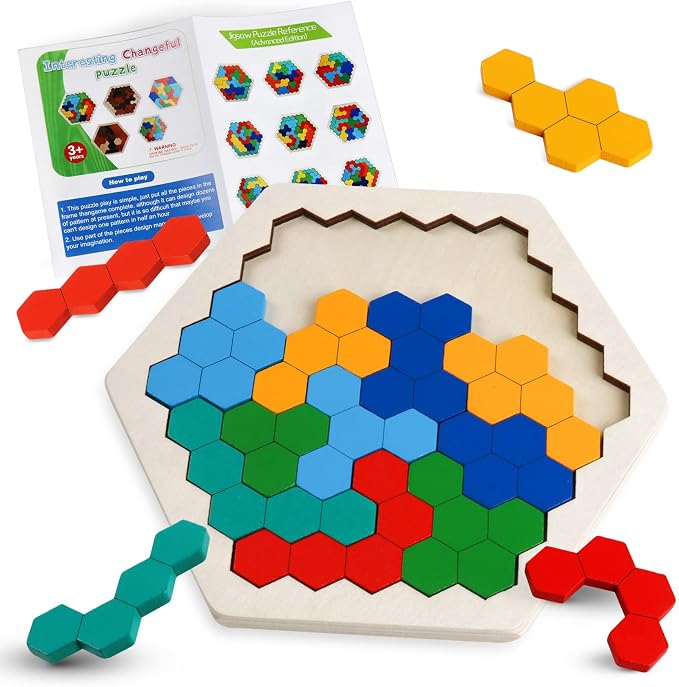 Wooden Hexagon Blocks Puzzle, STEM Montessori Brain Teaser for Kids Adults | Montessori Educational Toy, Geometric Shape Blocks, Logic IQ Game, Ideal Gift for Kids Teens Adults