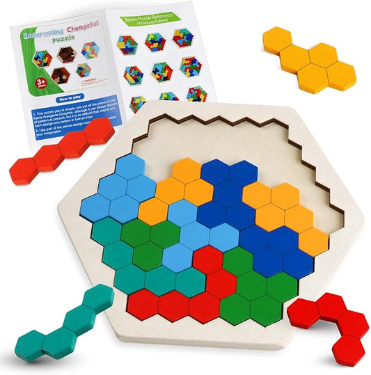Wooden Hexagon Blocks Puzzle, STEM Montessori Brain Teaser for Kids Adults | Montessori Educational Toy, Geometric Shape Blocks, Logic IQ Game, Ideal Gift for Kids Teens Adults