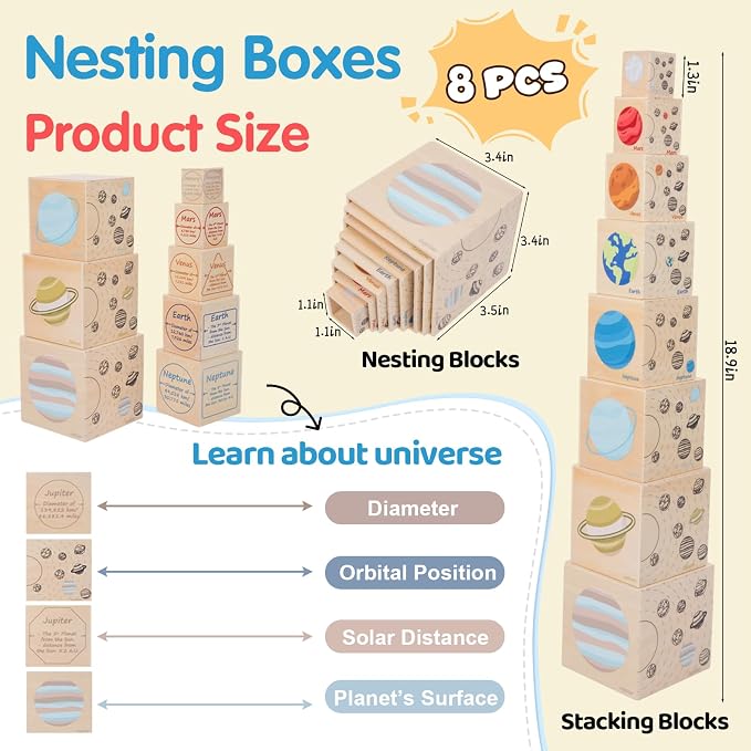 Wooden Solar System Nesting & Stacking Blocks, Planets Toy for Kids 3-5 | Montessori Space Toy,Sorting & Stacking Boxes,Preschool Educational Science Toy for Toddlers Boys & Girls (8 Planets)
