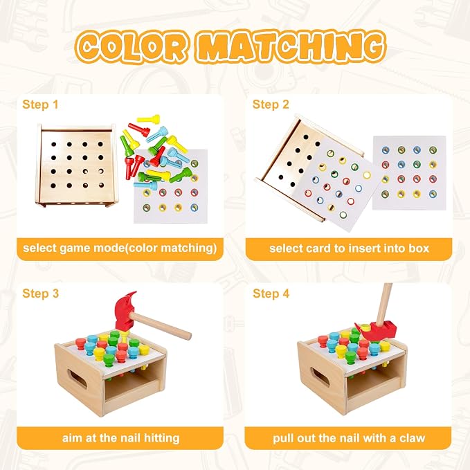 Adena Montessori 2 in 1 Montessori Screwdriver Board Set & Hammer Peg Toy Game Wooden Tool Set for Kids 3 4 5 Year Old