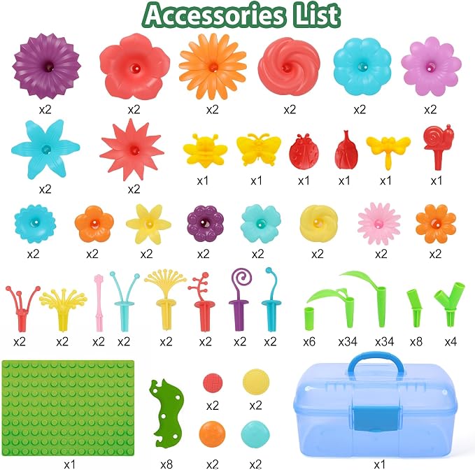 IQKidz Toddler Toys for Girls 2-4 Years Old, Flower Garden Building with Insect Features, Storage Box for Kids Age 3 5 6 7 8, Stacking Educational Preschool Learning STEM Activities 157 pcs